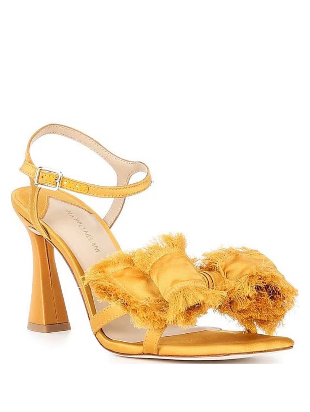 ANTONIO MELANI Zora yellow satin bow ankle strap flared heel sandals 5.5 M NWT